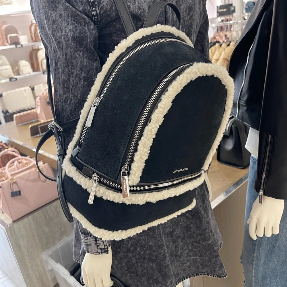 MICHAEL KORS Rhea Medium Suede and Faux Shearling Backpack Black NWT